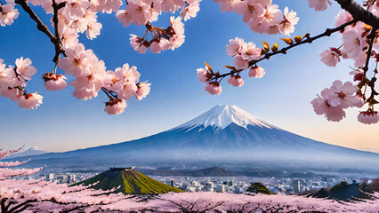 Poster - Mount Fuji landscape behind sakura branches