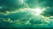 dramatic green clouds with sunlight rays background from Generative AI