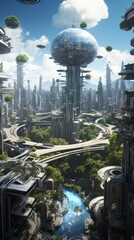 Leinwandbilder - Generative AI An ultramodern cityscape featuring self-sustaining skyscrapers, flying drones, and an intricate network of transport systems amid a digitally enhanced environment