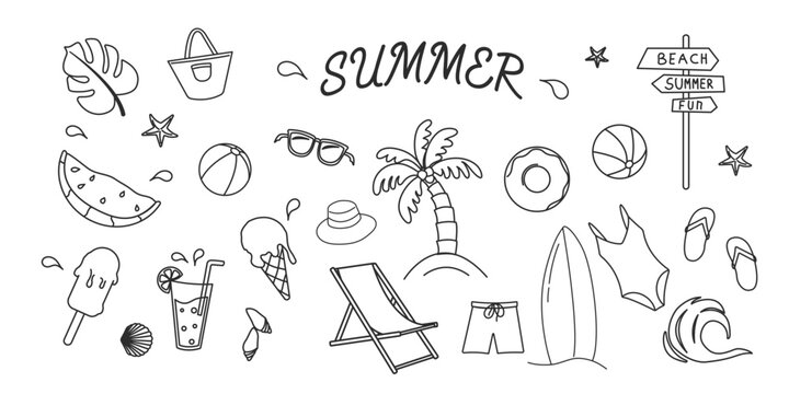 Summer. Hand drawn set of simple icons with summer elements. A collection of cartoon icons with one line. 