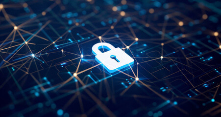 Cybersecurity, hologram shield and lock on network with lines, encryption and icon on grid by black background. Information technology, software and coding to stop threat, phishing and light with vpn