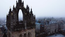 Aerial View Around The St Giles Cathedral, Foggy Day In Edinburgh, Scotland