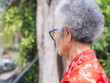 Senior woman with gray hair and eyeglasses in the garden.