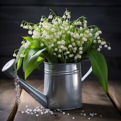 Lily of the valley bouquet in watering can on wooden background