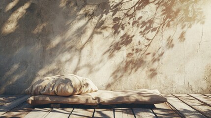 Canvas Print - Wooden bench with two pillows on it, and shadow cast on wall