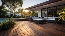 Modern House Design With Wooden Patio Low Angle View Of Ipe Hardwood Decking 