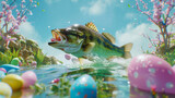 Fototapeta Tulipany - Creating an immersive AR experience where users can interact with a lifelike AI-generated largemouth bass as it leaps out of virtual water, surrounded by Easter-themed elements