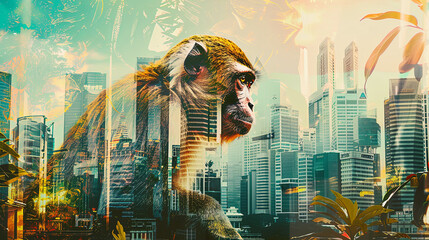 Poster - Wildlife concept. Exotic fantasy collage banner. Illustration of monkey and city