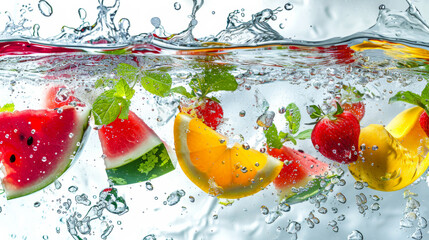 Tropical juicy fruits in water on white background. Healthy food concept