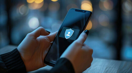 Cyber security, hands and phone of hacker, table and programmer, bokeh and data protection for password. Business, software and shield by coder, digital and firewall for privacy, web and safe online