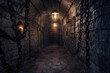 A dark, narrow tunnel with chains hanging from the ceiling