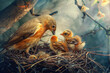 A mother bird is feeding her three baby birds