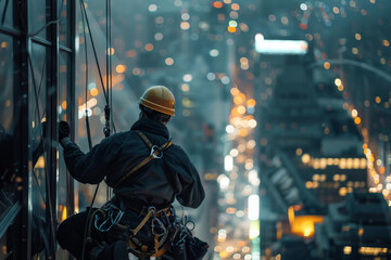 A man in a yellow helmet is suspended from a building, looking out over a city