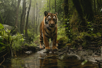 Wall Mural - A tiger is standing in a stream of water