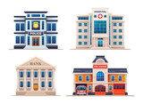 Fototapeta Dinusie - Set of city buildings. Police station, hospital, bank and fire station. Vector illustration