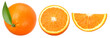 Orange fruit with leaves, half and slices isolated,  transparent PNG, collection, PNG format