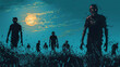 Nightmarish zombie silhouettes, clear and open sky,