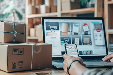 A laptop and a cell phone are on a table with a cardboard box in front of them