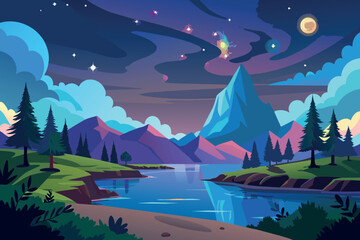 nature landscape with milky way cartoon vector illustration flat style artwork concept