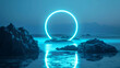 © StirfryMoJi - Mystical azure neon ring on a reflective ocean surface between dark cliffs, concept of surreal tranquility and cosmic gateways