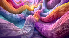 Rainbow Threads Twist In 3D Through Soft, Pillowy Terrain, Evoking Crafted Warmth.