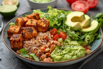 Healthy vegan meal with tofu, rice, and fresh vegetables on a plate.