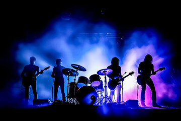 Wall Mural - A band of four musicians playing on stage with a purple