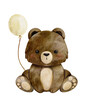 watercolor brown bear holding white balloon
