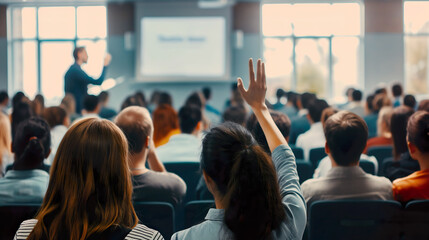 businesswoman raising hand up to ask question with speaker in seminar conference, raise hands up to 