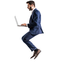 floating horrizontal full body business man using laptop on transparency background PNG
