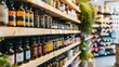 Health store shelves with natural supplements warm glow