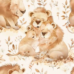 Wall Mural - Proud lion families, heartwarming watercolor, seamless pattern, soft browns and tans, united bonds, peaceful gatherings. Seamless Pattern, Fabric Pattern, Tumbler Wrap, Mug Wrap.