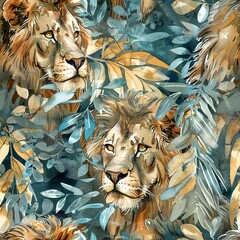 Wall Mural - king of the jungle in repose, noble watercolor, seamless pattern, rich manes, calm majesty, shaded r