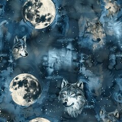 Canvas Print - Wolves and full moons, mystical watercolor, seamless pattern, night blues and silvery greys, enchanting howls. Seamless Pattern, Fabric Pattern, Tumbler Wrap, Mug Wrap.