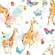Playful giraffes and butterflies, enchanted watercolor, seamless pattern, fluttering wings, gentle curiosity, magical moments. Seamless Pattern, Fabric Pattern, Tumbler Wrap, Mug Wrap.