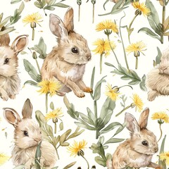 Wall Mural - Baby rabbits and dandelions, tender watercolor, seamless pattern, soft yellows and greens, playful discoveries, sunny days.Seamless Pattern, Fabric Pattern, Tumbler Wrap, Mug Wrap.