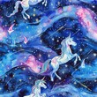 Unicorns and shooting stars, cosmic watercolor, seamless pattern, night sky adventures, vibrant streaks, wishful thinking. Seamless Pattern, Fabric Pattern, Tumbler Wrap, Mug Wrap.