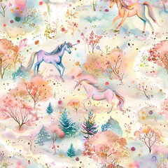 Poster - Unicorns and fairy dust trails, mystical watercolor, seamless pattern, shimmering paths, pastel wonders, enchanted journeys. Seamless Pattern, Fabric Pattern, Tumbler Wrap, Mug Wrap.