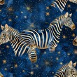 Striped zebras under starry skies, magical watercolor, seamless pattern, night blues, sparkling stars, peaceful slumber. Seamless Pattern, Fabric Pattern, Tumbler Wrap, Mug Wrap.