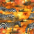 Zebras and savannah sunsets, warm watercolor, seamless pattern, golden skies, silhouette romance, dusk tranquility. Seamless Pattern, Fabric Pattern, Tumbler Wrap, Mug Wrap.