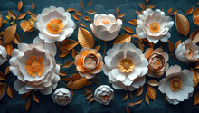 3D Paper Art Of White And Gold Flowers, With Large White Peonies In The Center Surrounded By Smaller White And Yellow Blossoms On Grey Background. Created With Ai