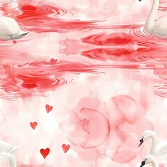 Sticker - Swans and heart-shaped ripples, romantic watercolor, seamless pattern, soft reds and pinks, ripples of love. Seamless Pattern, Fabric Pattern, Tumbler Wrap, Mug Wrap.