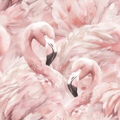 Canvas Print - Baby flamingos and soft feathers, tender watercolor, seamless pattern, pastel pinks and fluffy textures, gentle warmth. Seamless Pattern, Fabric Pattern, Tumbler Wrap, Mug Wrap.