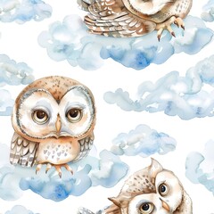 Wall Mural - Baby owls and fluffy clouds, soft watercolor, seamless pattern, gentle whites and pastel skies, airy dreams. Seamless Pattern, Fabric Pattern, Tumbler Wrap, Mug Wrap.