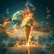 A serene landscape with the world in the backdrop, foregrounded by a melting ice cream cone engulfed in flames , high detailed