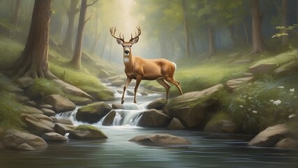 Wall Mural - A graceful deer gracefully leaping over a babbling brook in a serene forest setting 