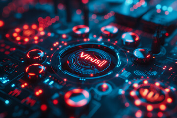 Wall Mural - a computer chip with a red and blue virus symbol on it