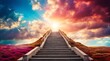 long staircase to colorful dramatic clouds with sunlight rays fantasy background from Generative AI