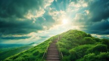 Long Staircase To Green Dramatic Clouds With Sunlight Rays Fantasy Background From Generative AI
