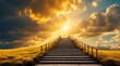 long staircase to yellow dramatic clouds with sunlight rays fantasy background from Generative AI